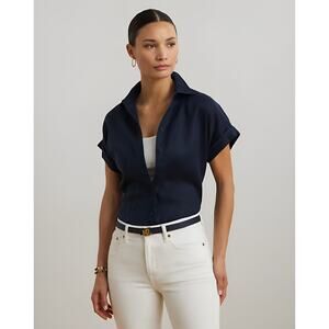 Ralph Lauren Womens Beachy Coastal Dolman‎ Short Sleeve Linen Button Up Shirt 1X